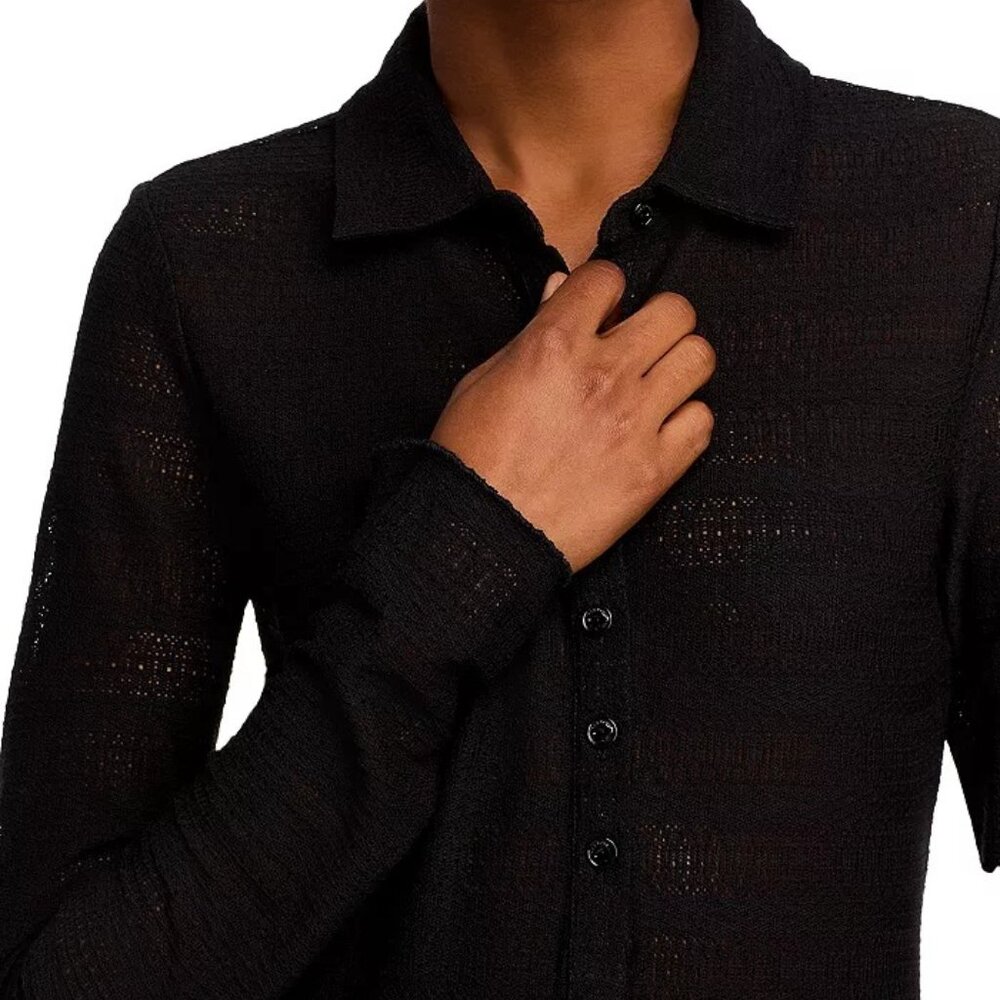 rag & bone Julia Textured Open-Knit Polo Top Black S NWT - Picture 3 of 9